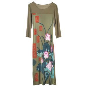 Illig Vintage 100% Silk Midi Dress Size M Y2K Asian Lotus Print Kanji Womens